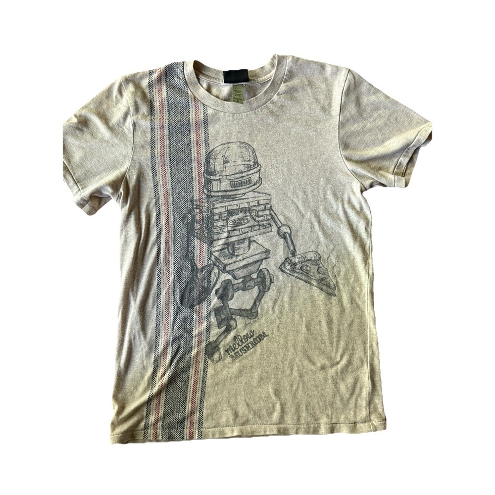 Mellow Mushroom Pizza Robot Graphic T-Shirt Tan Beige Heathered Medium